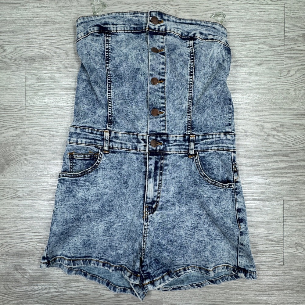 Daisy Women's Romper Strapless Acid Wash Denim Blue Medium Button Front Stretch